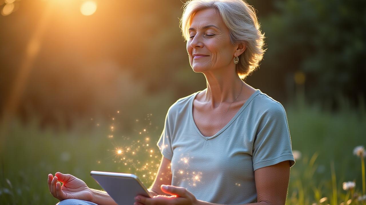 Persona in meditazione, cuffie sulle orecchie, immersa in un ambiente che fonde elementi naturali e tecnologia digitale morbida