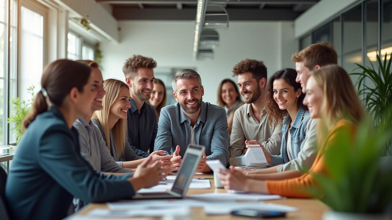 Un team di lavoro diversificato e sorridente collabora in un ufficio moderno e luminoso, simbolo di benessere aziendale.