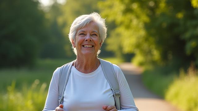 Persona anziana che fa una passeggiata energica nel parco.