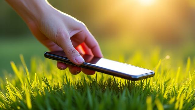 Persona che lascia cadere uno smartphone in un prato, simbolo di digital detox.