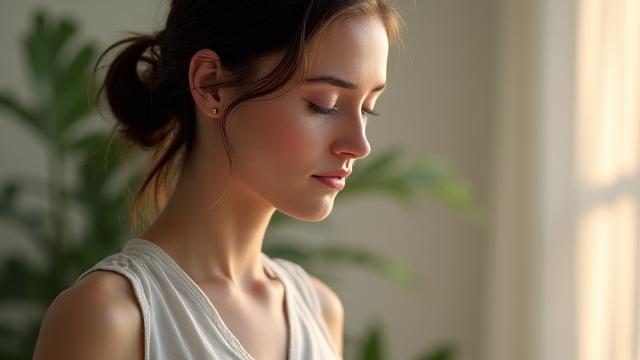 Donna che pratica mindfulness in un ambiente sereno.