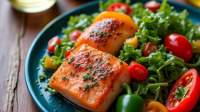 Piatto colorato di dieta mediterranea con verdure fresche e salmone.
