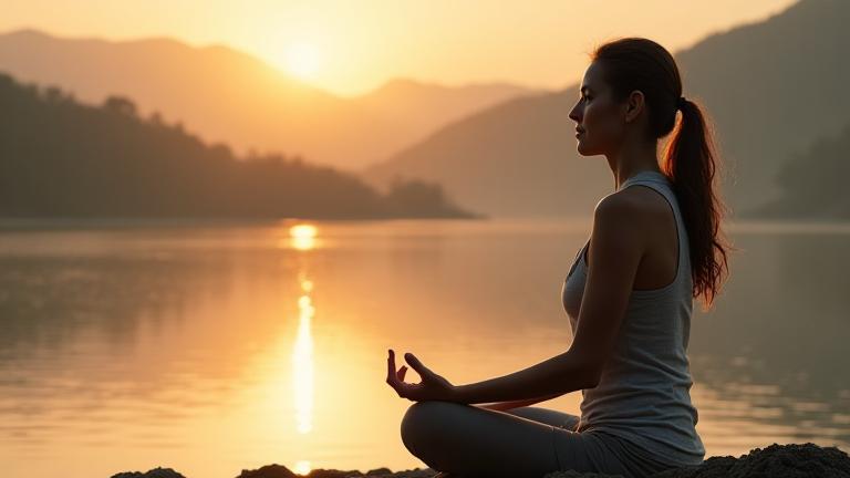 Donna che medita al tramonto, simboleggiando equilibrio e benessere mentale