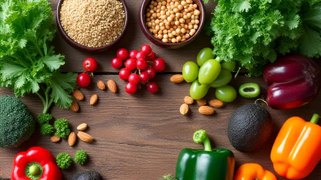 Verdure fresche e cibi sani su un tavolo di legno