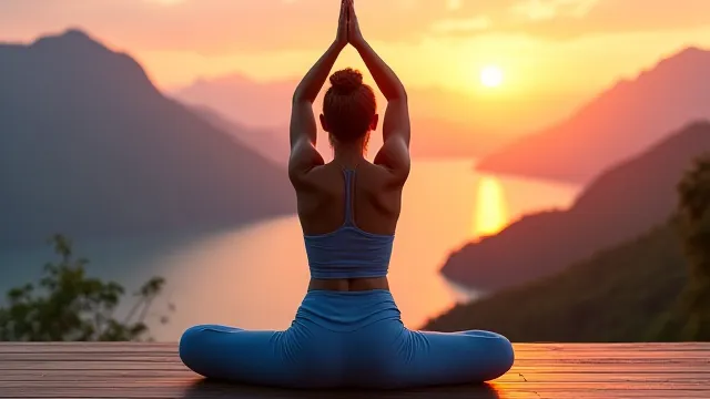 Donna che pratica yoga al tramonto