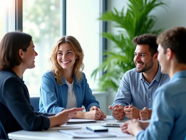 Team di professionisti sorridenti e collaborativi in un ambiente di lavoro moderno e sano, che riflette il benessere aziendale