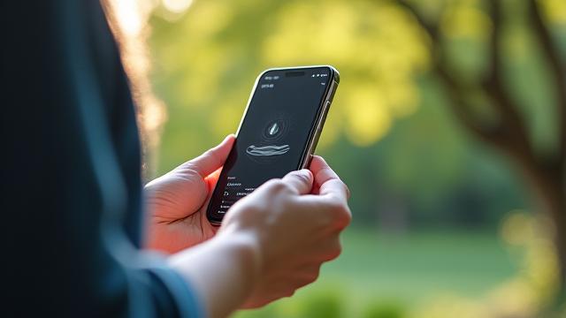 Persona che usa un'applicazione di mindfulness su uno smartphone in un ambiente naturale, unione di tecnologia e natura