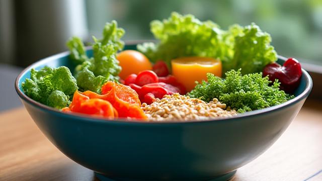 Piatto colorato e sano con ingredienti freschi, rappresentando la nutrizione dopo i 40 anni