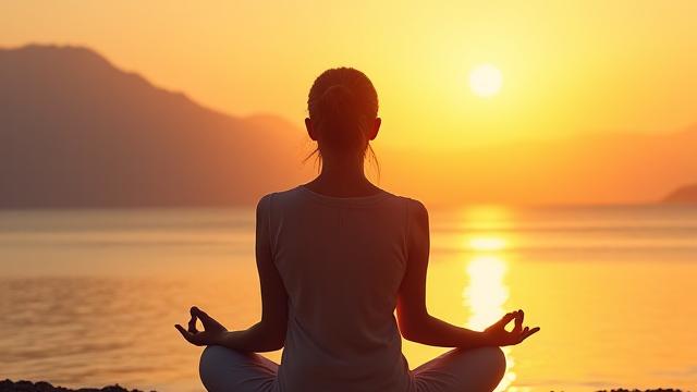 Donna serena che medita al tramonto, immagine che rappresenta la gestione dello stress per over 40