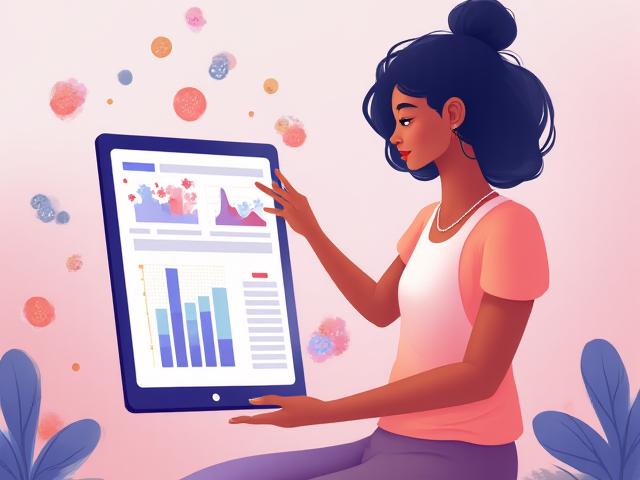 Illustrazione di una donna che risponde a un quiz sul benessere su un tablet, mostrando grafici e risultati personalizzati.